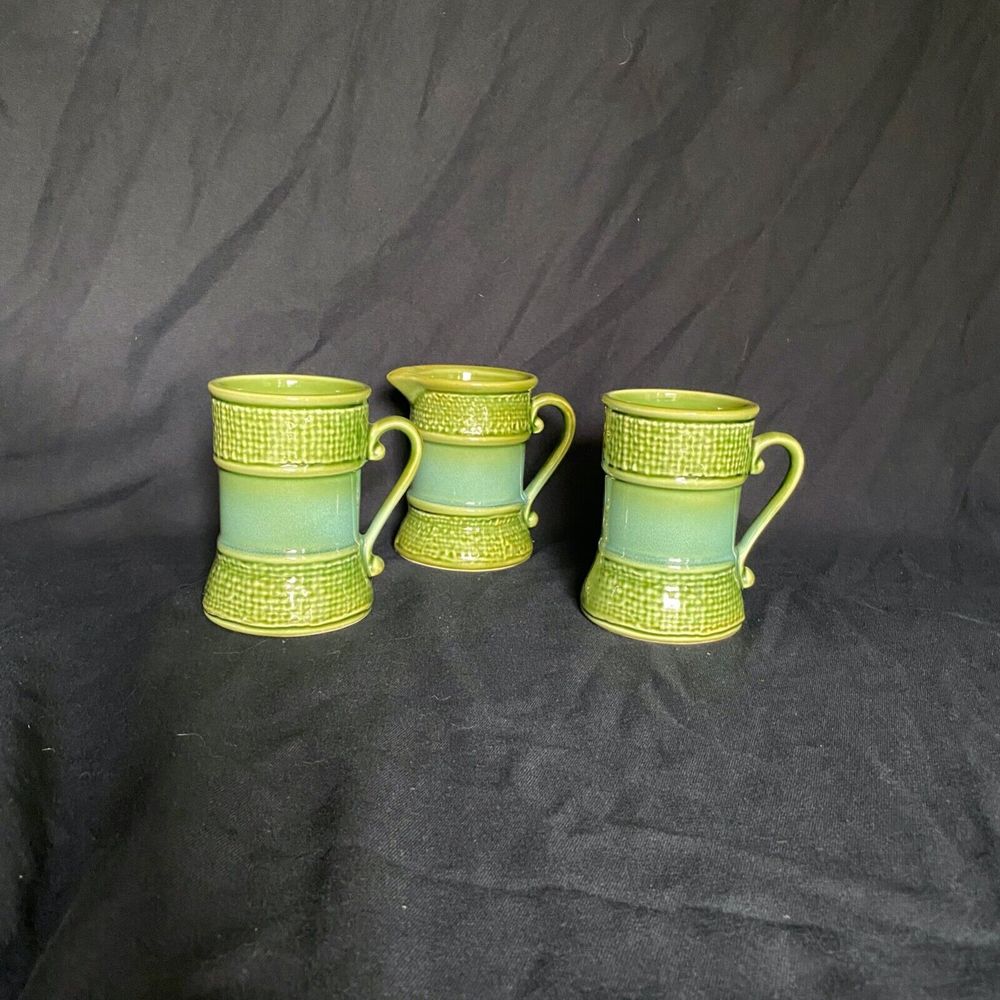 Pair Vintage Green Coffee Mugs and Creamer 1960-70's Decorama Japan